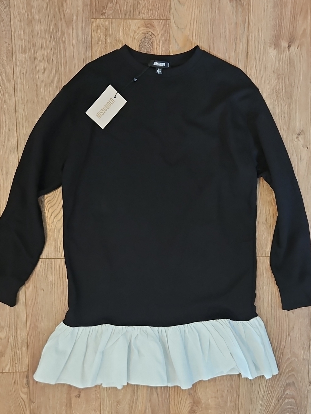 Missguided + Black Dress/ Sweatshirt with Whitr Ruffle Hem